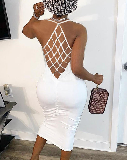 Solid Color Splicing Fishnet Backless Sleeveless Skinny Dress